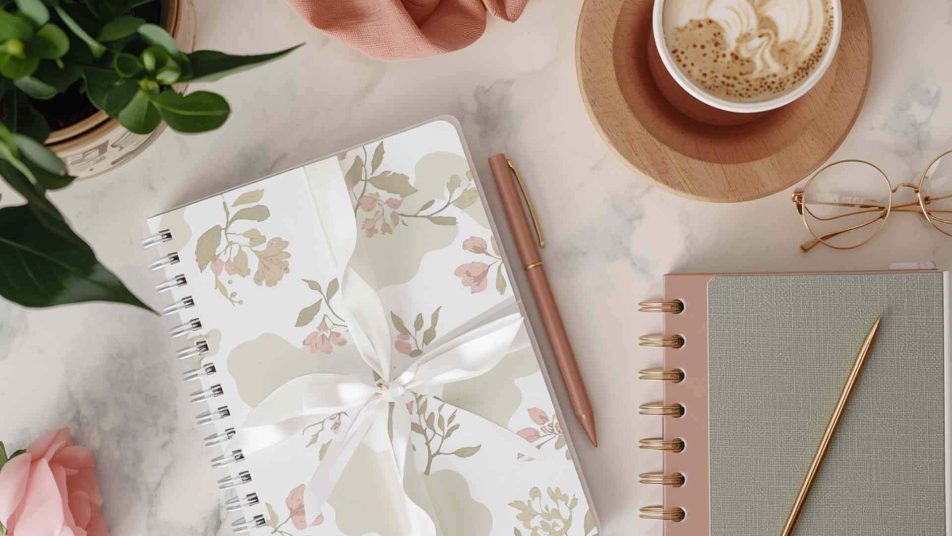 Planners and journal on a marble desk with coffee and rose gold pen
